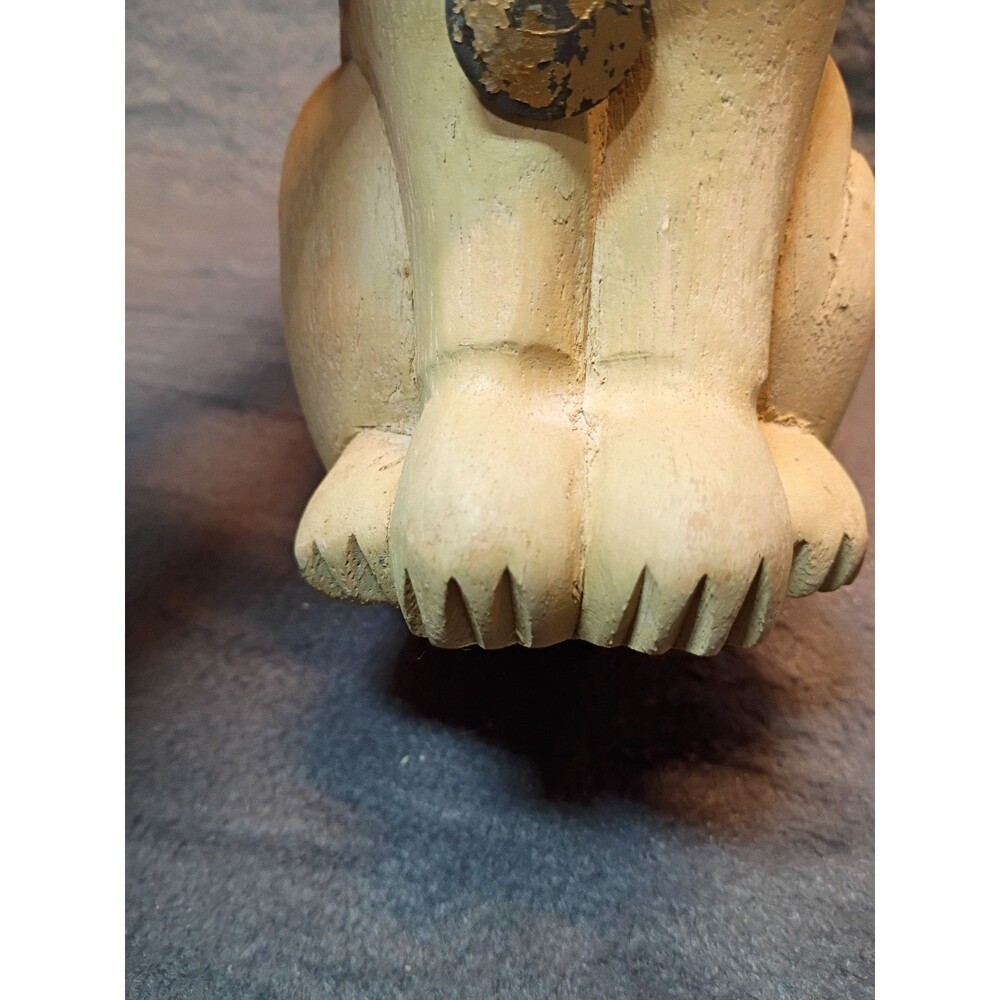 Vintage Hand Carved Wooden Cat Folk Art Sculpture Brass Collar Rustic Whimsical - Picture 10 of 14
